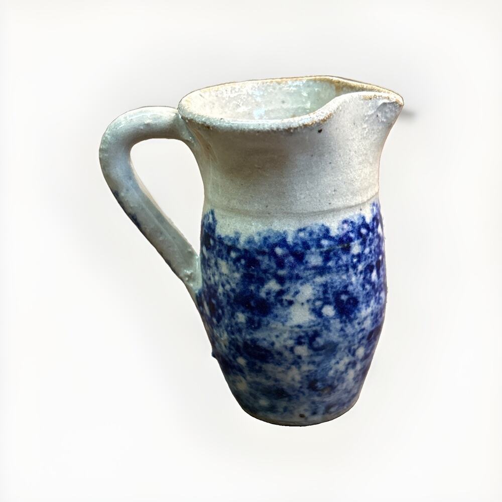 Miniature Cobalt Blue Salt Glaze Stoneware Pitcher Jug Signed 2.25” Pottery